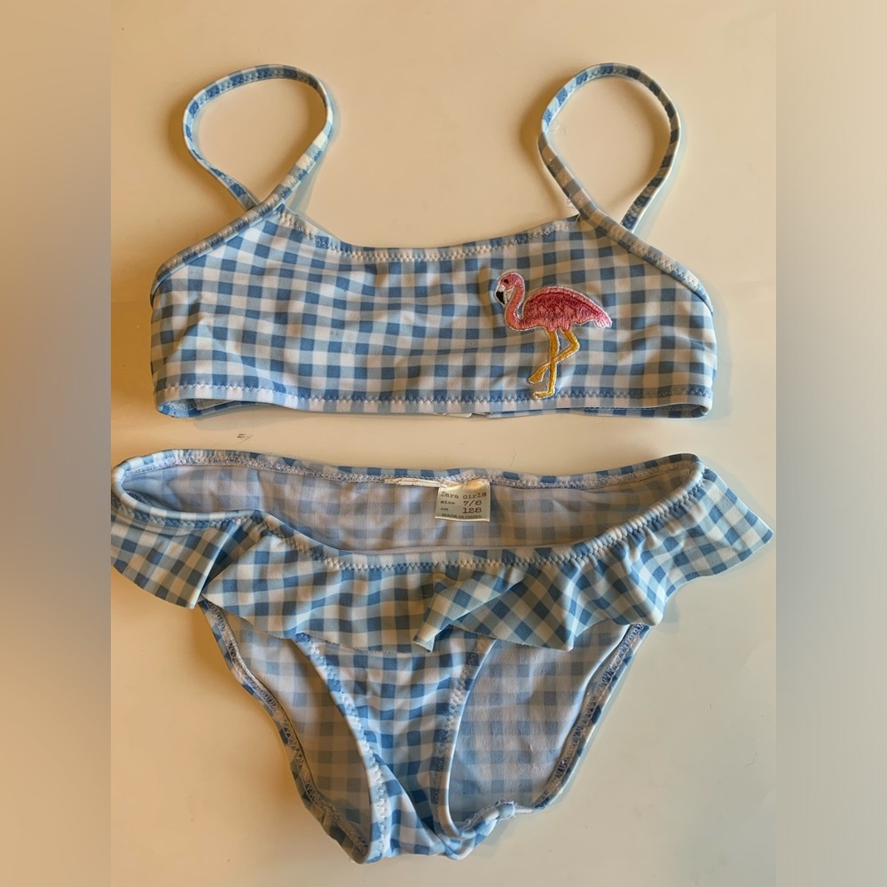 Zara Kids Blue Gingham Flamingo bikini 2 piece, girls 7-8